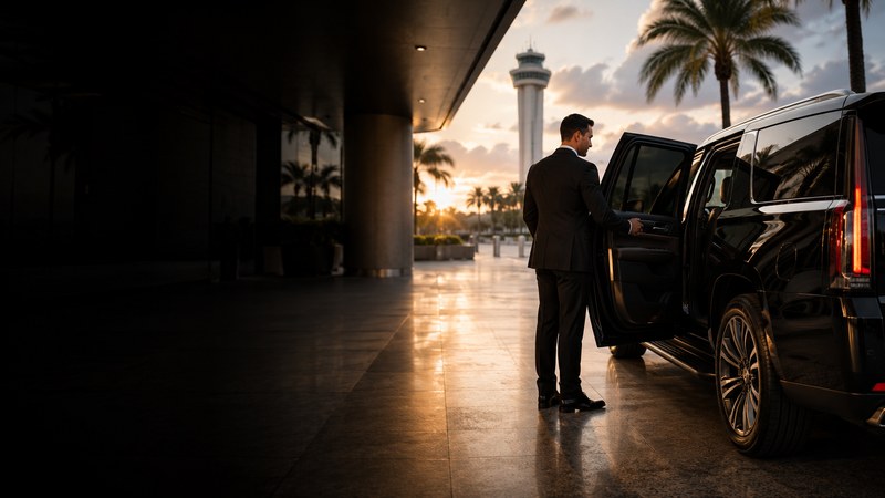 Chauffeur opening door of black SUV at Miami airport