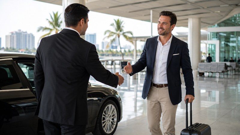Chauffeur greeting business traveler with handshake at Miami airport