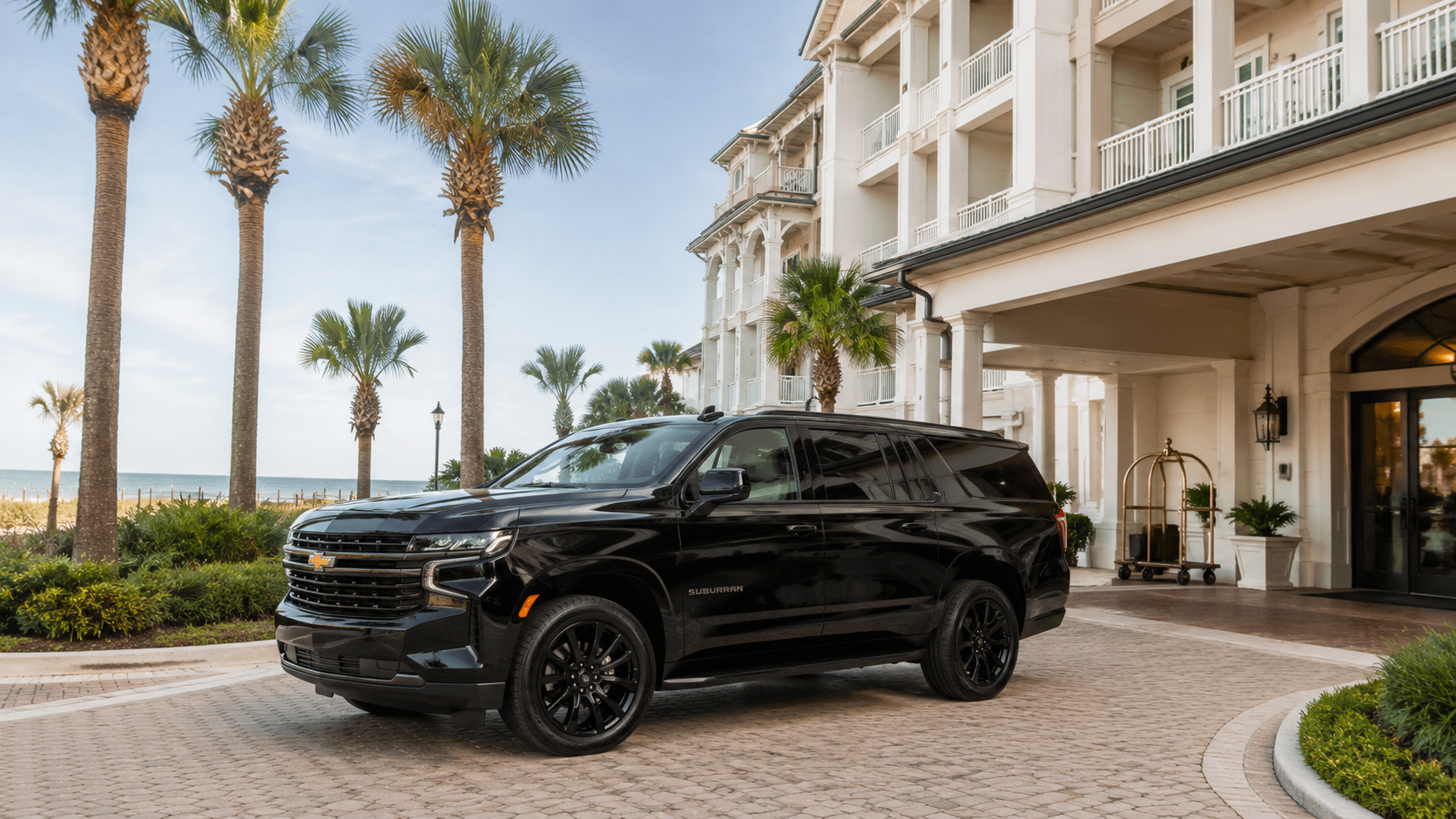 Black Chevrolet Suburban at luxury coastal hotel entrance on Amelia Island with palm trees and ocean view