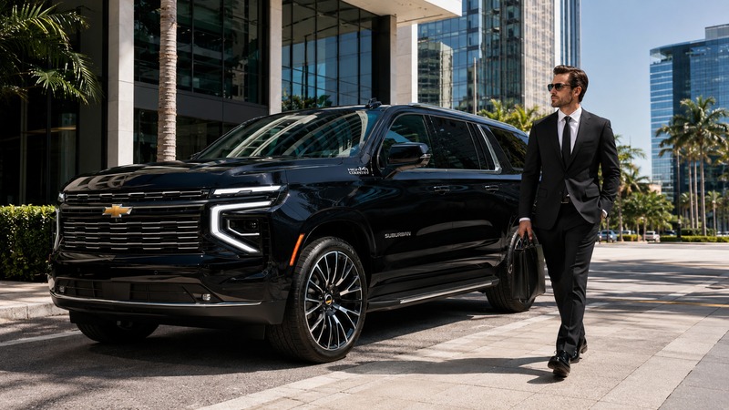 Business traveler approaching black car with chauffeur at airport