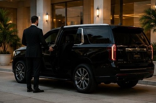 Professional chauffeur opening door of luxury black SUV at Miami hotel