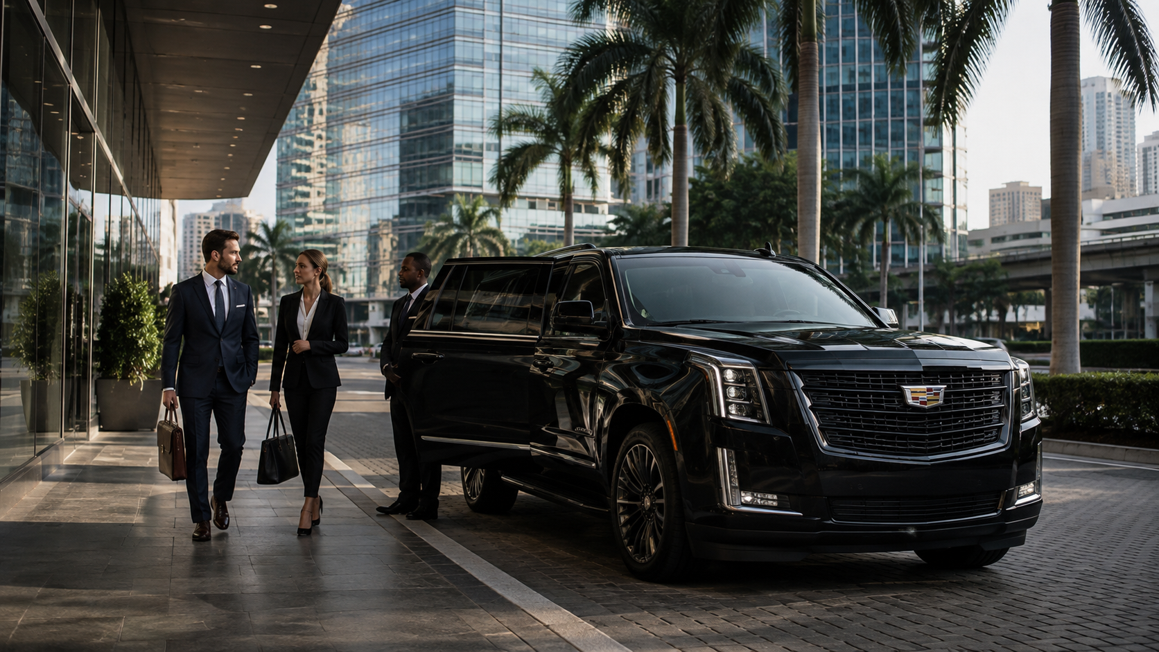 Executives approaching black Cadillac Escalade with chauffeur at Brickell office tower in Miami