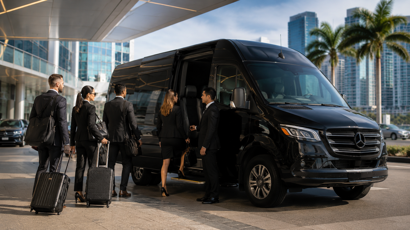 Business professionals boarding black Mercedes-Benz Sprinter for group transportation in Miami