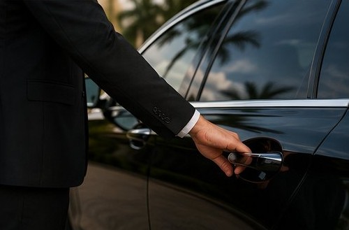 Chauffeur opening door of executive black car
