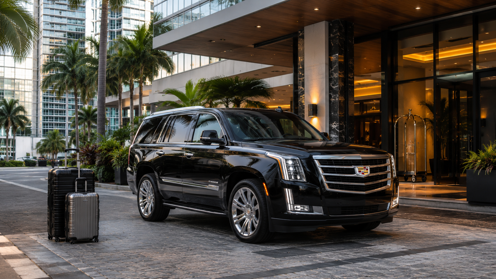 Black Cadillac Escalade with luggage at luxury Miami hotel porte-cochère for cruise transfer pickup