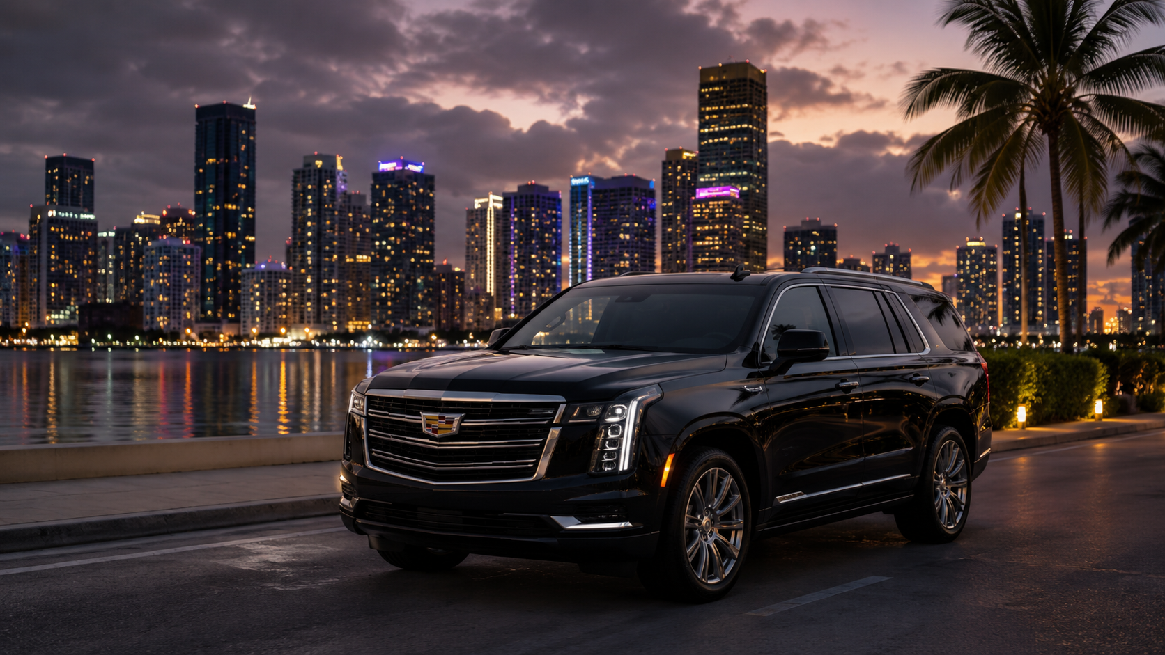 Black Cadillac Escalade parked along Biscayne Bay with illuminated Miami skyline at sunset