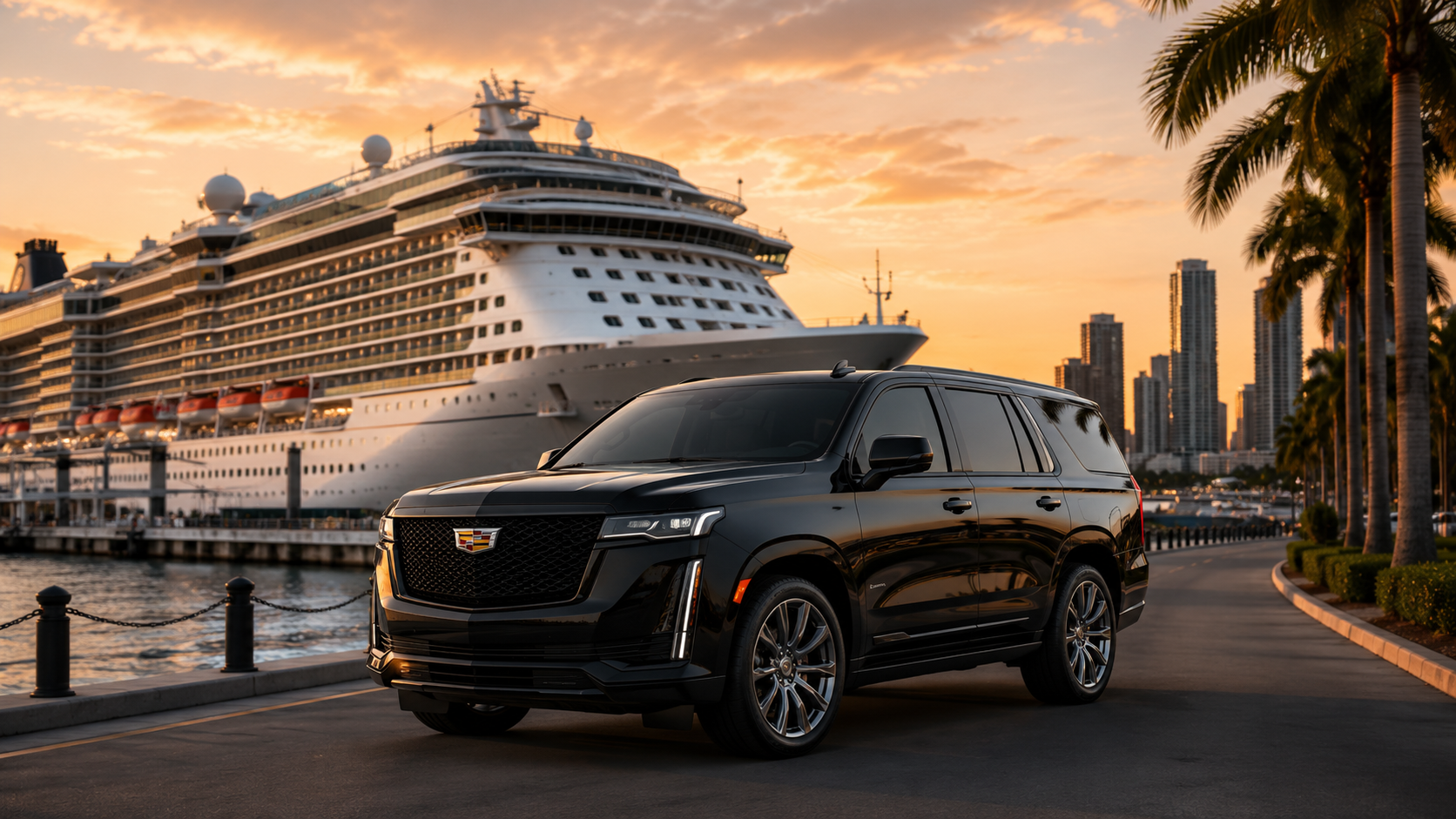 Black Cadillac Escalade parked at PortMiami with cruise ship at sunset
