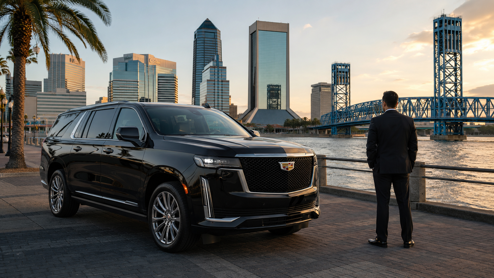 Black Cadillac Escalade with Jacksonville downtown skyline and Main Street Bridge