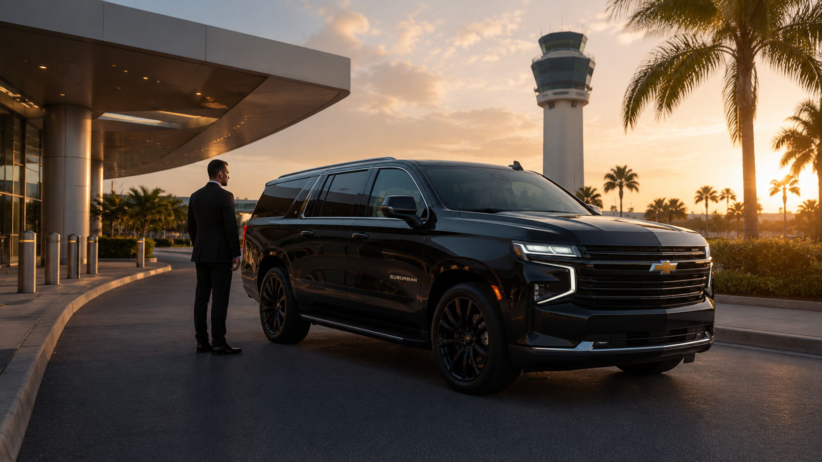 Professional chauffeur standing beside black Chevrolet Suburban at Jacksonville International Airport with control tower in background