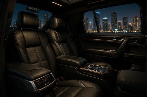 Luxury black car interior with leather seating