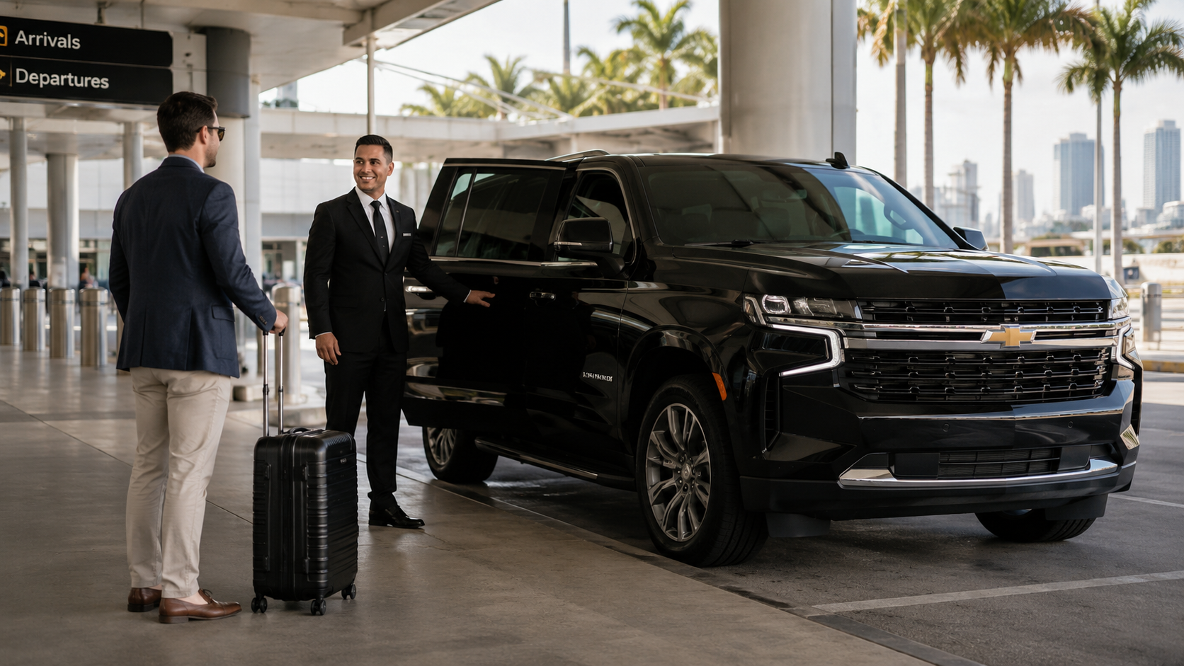 Professional chauffeur greeting business traveler with luggage at Miami International Airport arrivals with black Chevrolet Suburban
