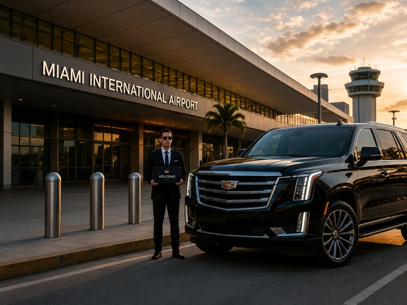 Black Cadillac Escalade outside Miami International Airport terminal