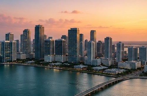Miami skyline and cityscape at dusk
