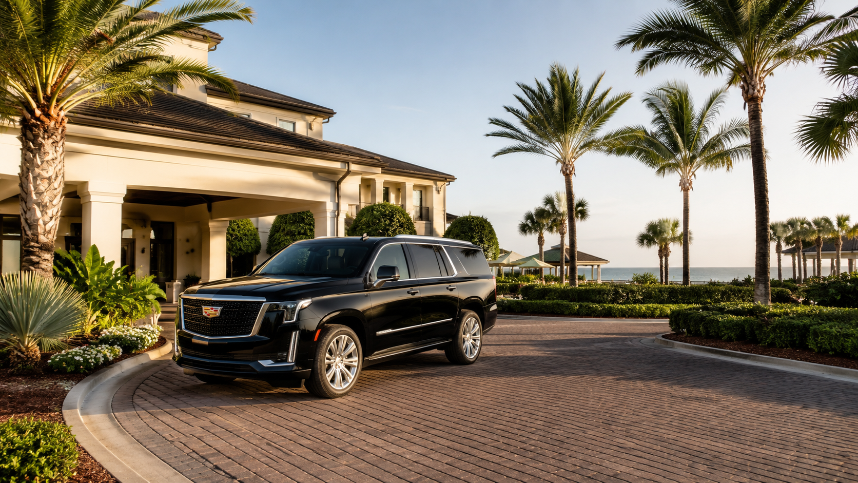 Black Cadillac Escalade at luxury Ponte Vedra resort porte-cochère with palm trees and ocean in background