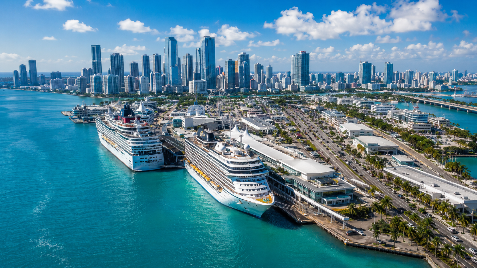 Aerial view of PortMiami cruise terminals with cruise ships and Miami skyline