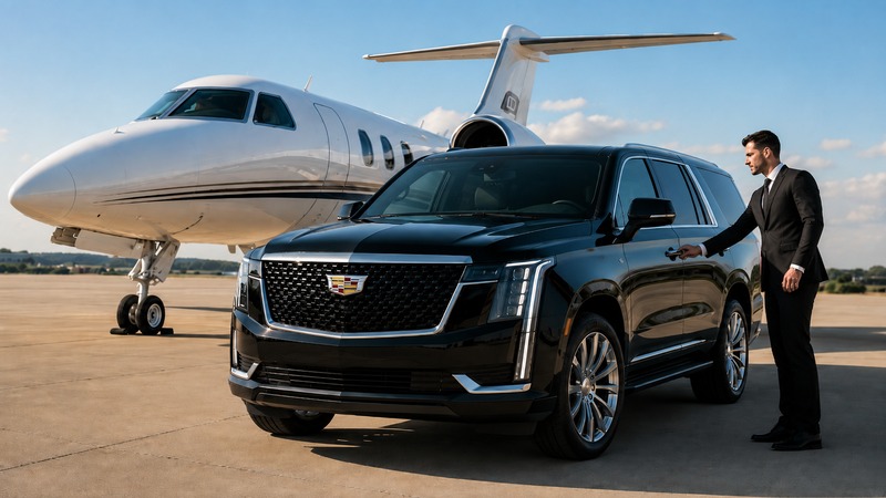 Luxury SUV parked beside private jet at executive airport