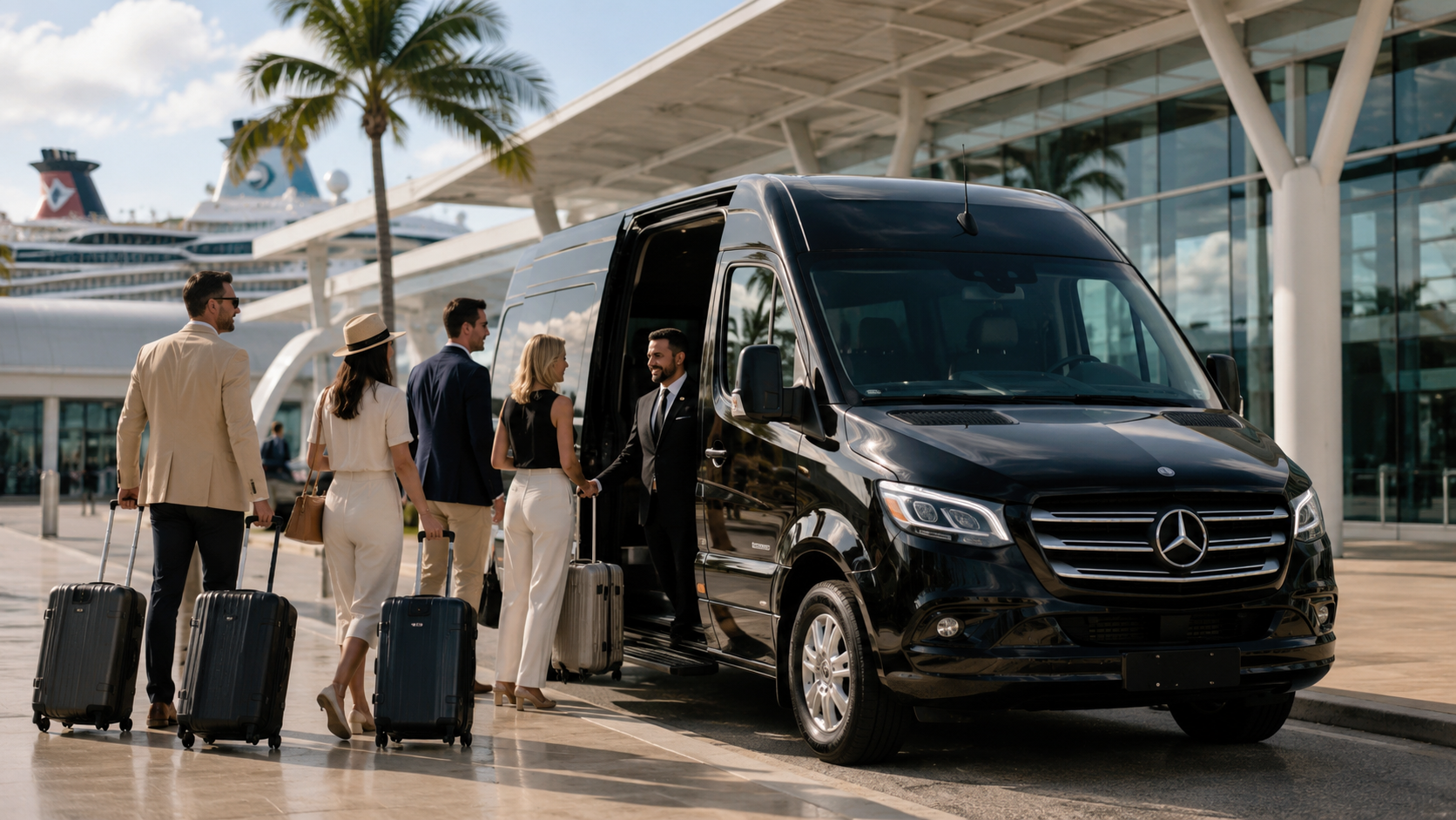 Group of cruise passengers boarding black Mercedes Sprinter at PortMiami cruise terminal with cruise ship in background
