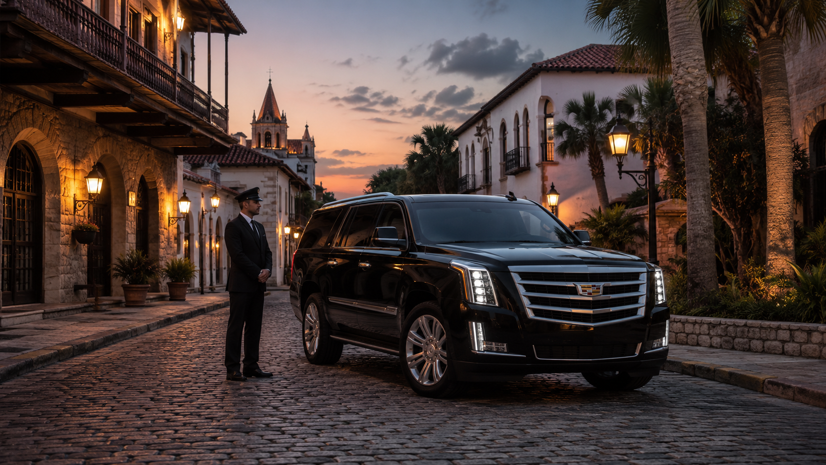 Professional chauffeur standing beside black Cadillac Escalade on cobblestone street in historic St. Augustine at dusk