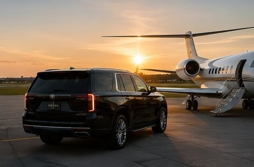Luxury SUV parked beside private jet on tarmac